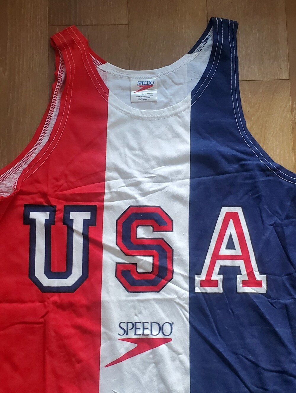 SPEEDO Vintage Team USA Striped Tank Top T Shirt 80s 90s Red White Blue Sz Large - Picture 3 of 5